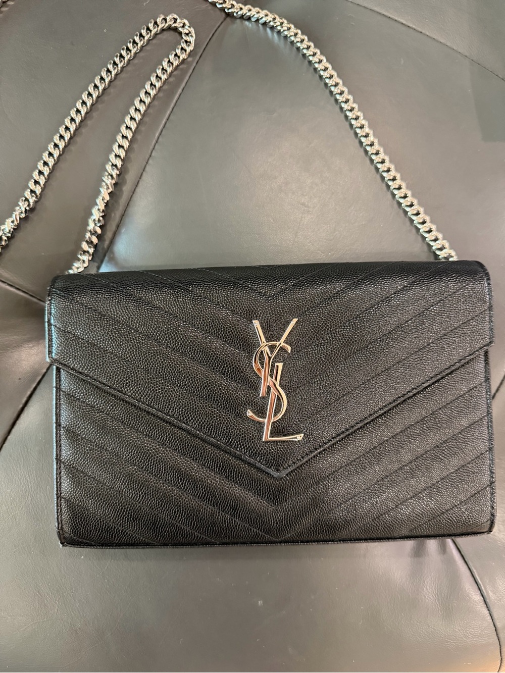 Authentic YSL Saint Laurent Cassandre matelassé leather wallet on chain